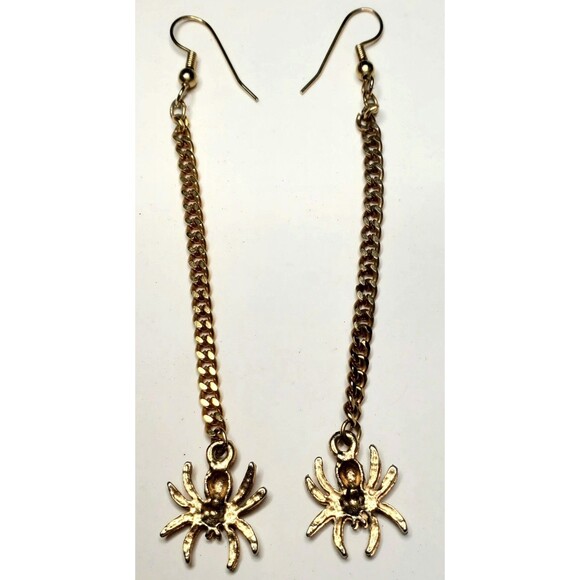 Gold Spider Drop Dangle Earrings 3.5" Unmarked Halloween Costume Jewelry Boho... - Picture 5 of 11